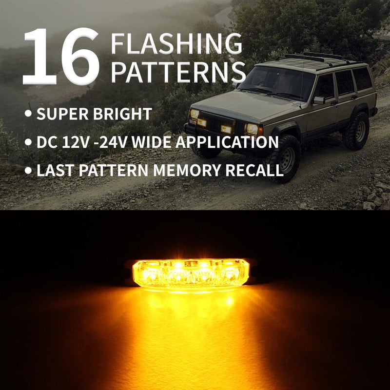 FXC 4-LED Strobe Lights for Trucks Amber Waterproof Emergency Beacon Flash Lights,Purishion Caution Bar 10 Patterns Flashing Car SUV Pickup Truck Van Vehicle POV (2 Pack)(4LED Amber) - Image 2